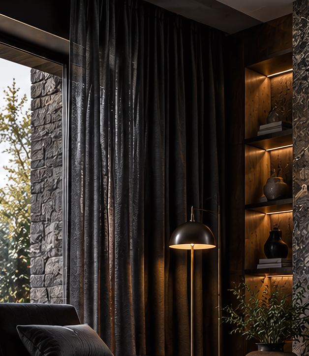 Dark + contrasted styled with Desolve Shade curtains